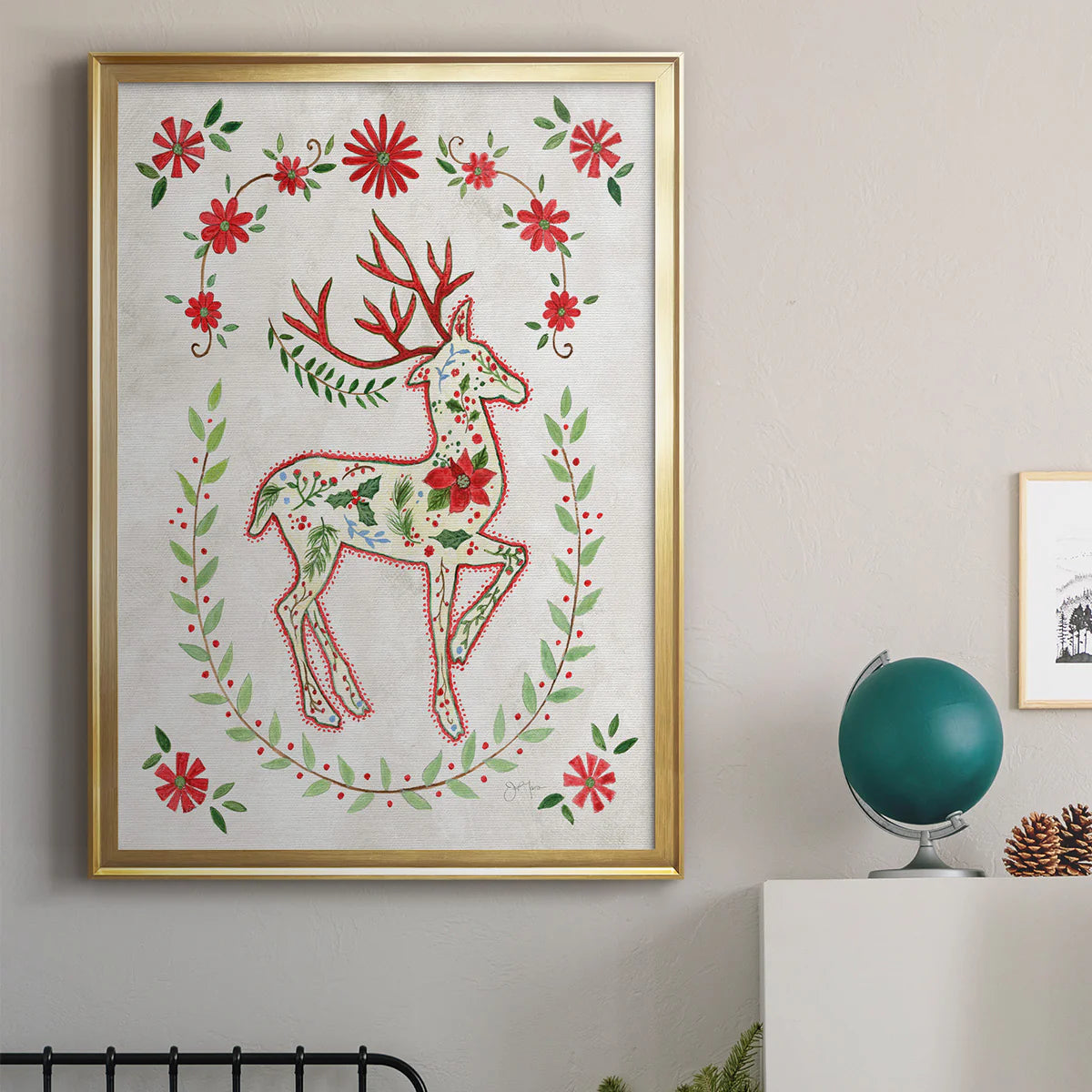 Christmas Folk Reindeer Premium Framed Print - Ready to Hang