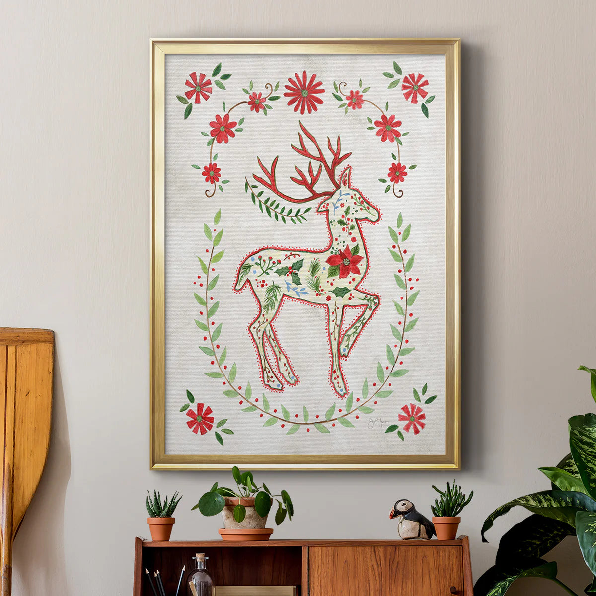 Christmas Folk Reindeer Premium Framed Print - Ready to Hang
