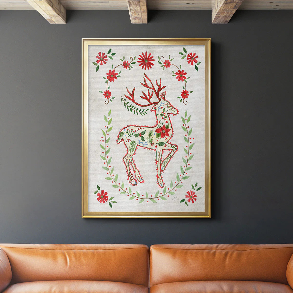 Christmas Folk Reindeer Premium Framed Print - Ready to Hang