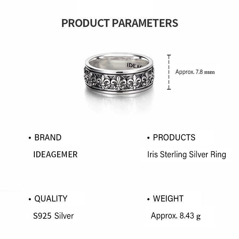 Iris Sterling Silver Ring Men's Vintage Versatile Personalised Fashion Design Premium Feeling Closure