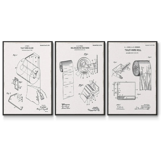 Toilet Paper Patent I - Framed Premium Gallery Wrapped Canvas L Frame 3 Piece Set - Ready to Hang